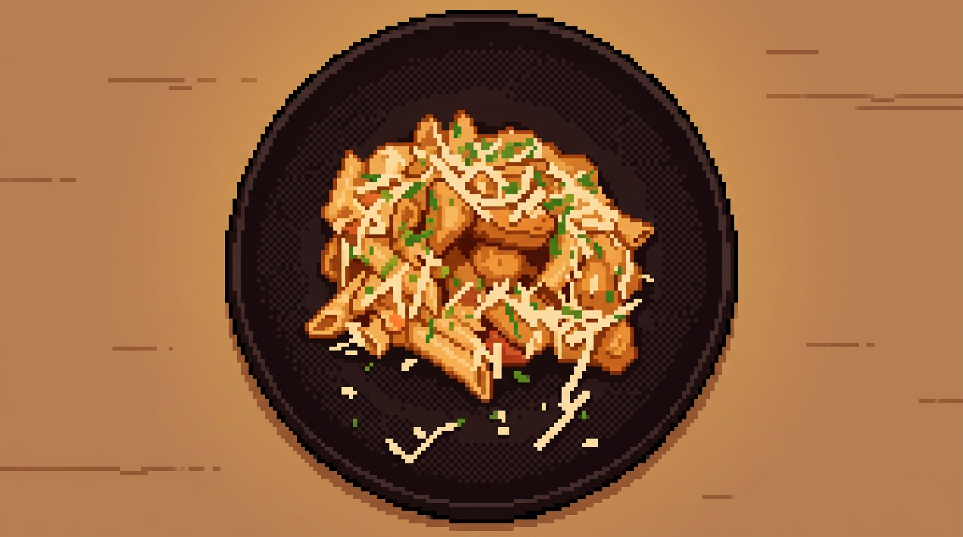 8-bit pixel art of pasta dish with chicken pieces, topped with grated cheese and fresh herbs on a dark plate, cozy retro style, warm color palette with beige, orange, and brown tones, clean sharp pixels, clear silhouette, minimalist composi