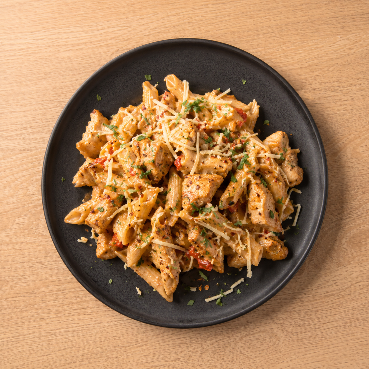 8-bit pixel art of pasta dish with chicken pieces, topped with grated cheese and fresh herbs on a dark plate, cozy retro style, warm color palette with beige, orange, and brown tones, clean sharp pixels, clear silhouette, minimalist composi