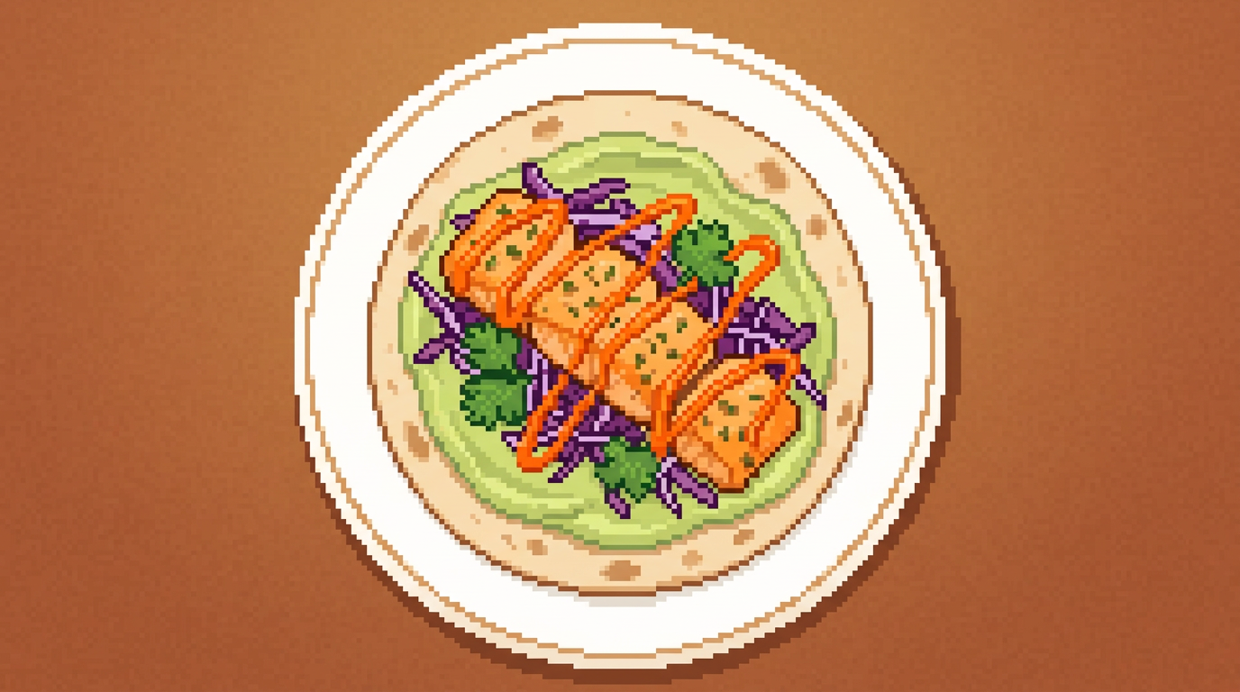 8-bit pixel art of wrap on round white plate with golden-orange herb-crusted salmon pieces, green avocado cream base, purple cabbage, fresh cilantro leaves, and orange sriracha mayo drizzle, cozy retro style, warm color palette with beige