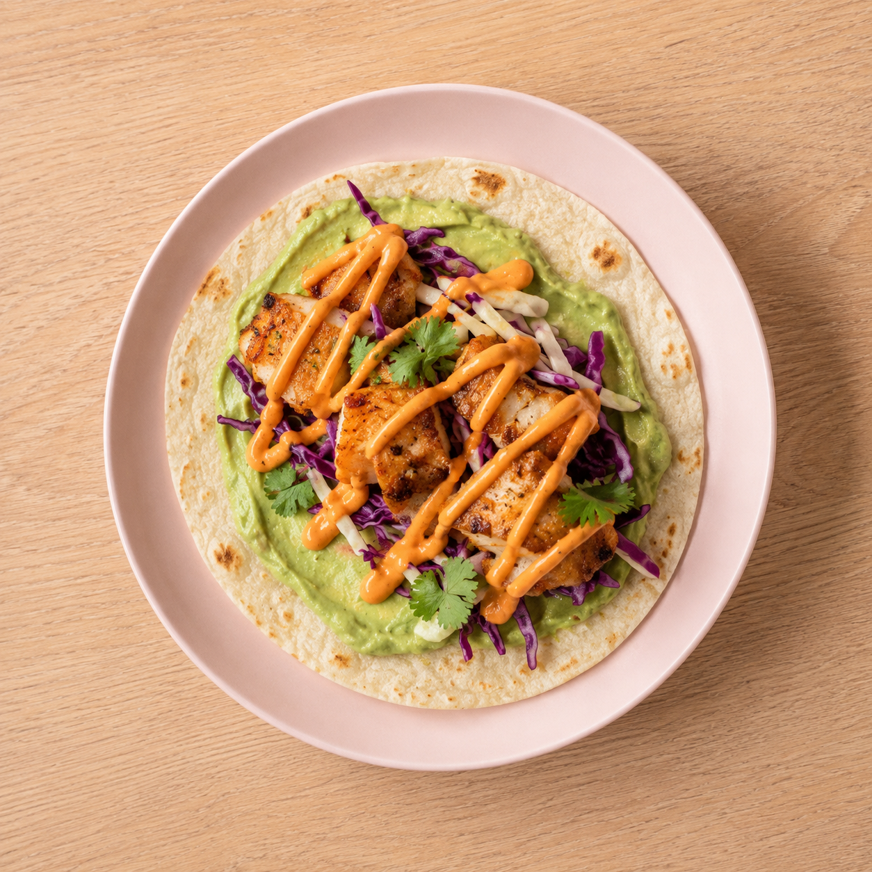 8-bit pixel art of wrap on round white plate with golden-orange herb-crusted salmon pieces, green avocado cream base, purple cabbage, fresh cilantro leaves, and orange sriracha mayo drizzle, cozy retro style, warm color palette with beige